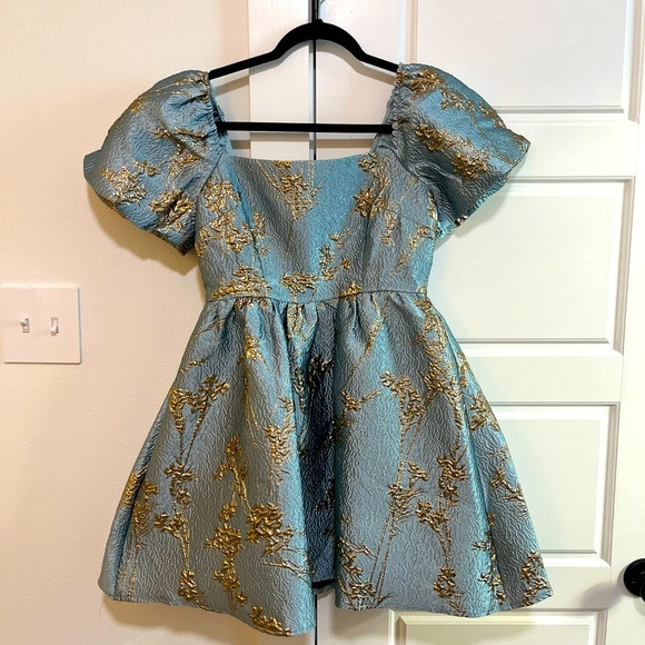 Blue and gold jacquard a-line mini dress | Poshmark