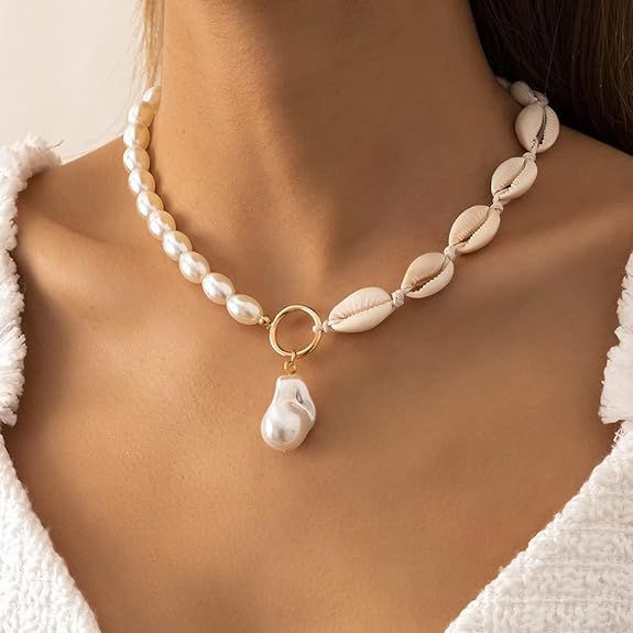 Simple Design Pearl Choker with Shell Pendant Summer Vacation Party | Amazon (US)