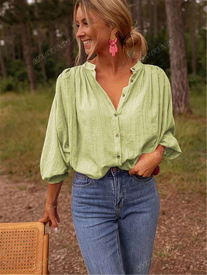 Elegant Women's Lightweight Button-Up Shirt With Ruffle Flared Sleeves - Spring/Summer Loose Fit Blouse, Polyester Fabric, Casual Fashionable Design, Chic Spring Top With Classic Collar | SHEIN