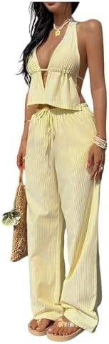 MakeMeChic Women's Summer 2 Piece Sets Backless Halter Tank Top Wide Leg Linen Pants Set Vacation... | Amazon (US)