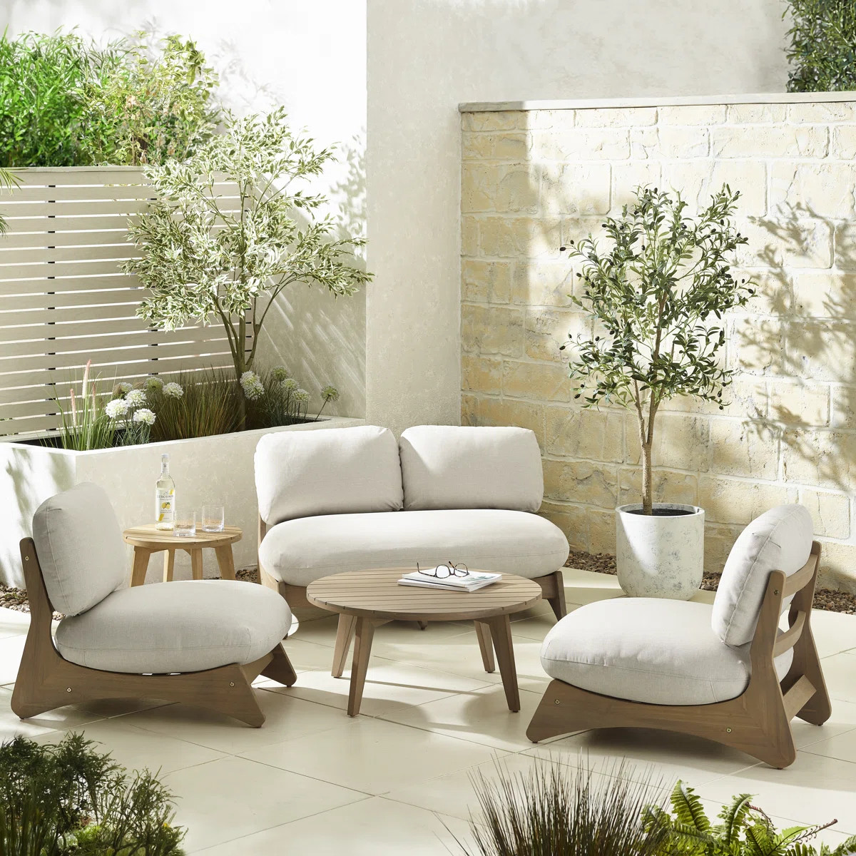 Acoidan Indoor/Outdoor Wooden Garden Set: Sofa, 2 Chairs, Coffee & Side Table - Mid Century Style | Wayfair UK