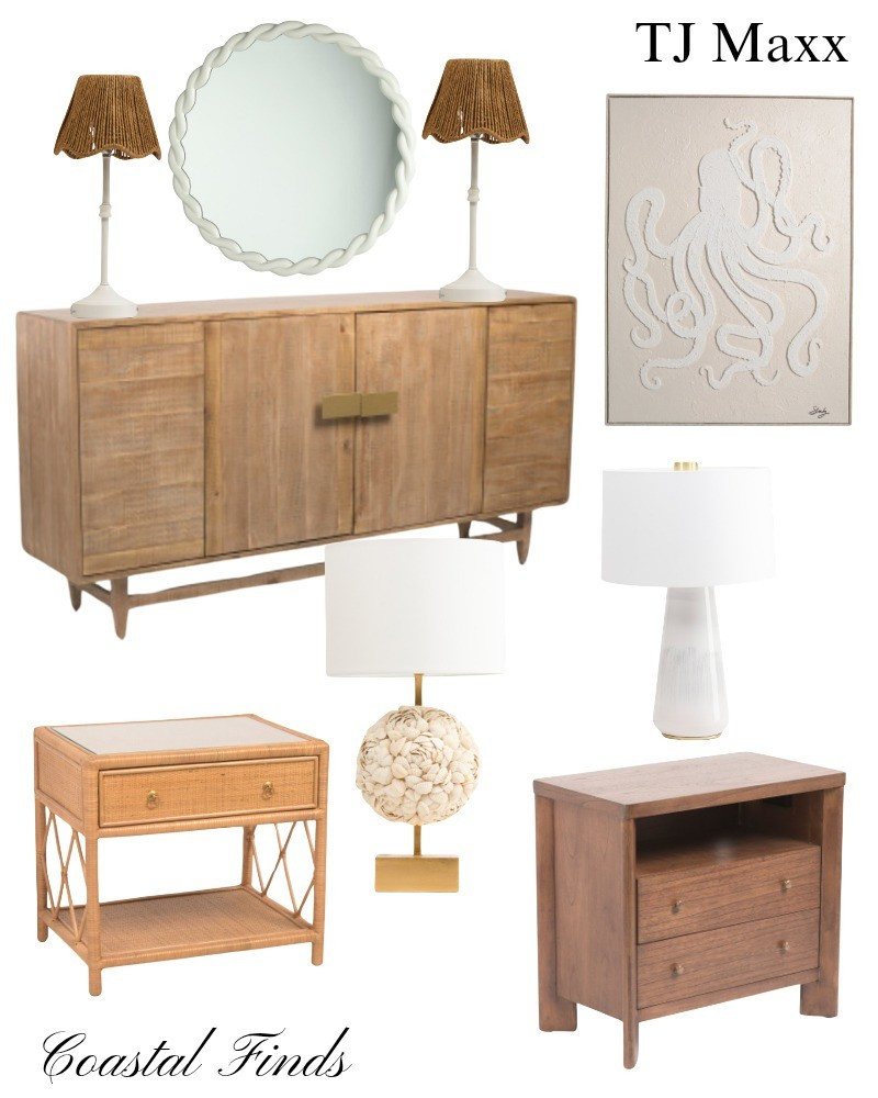 Coastal fines on sale at TJ maxx, designer deals, table lamps, round mirror, console table, side table, shell lamp, octopus artwork, living room, entry, office, bedroom.

#LTKSaleAlert #LTKHome