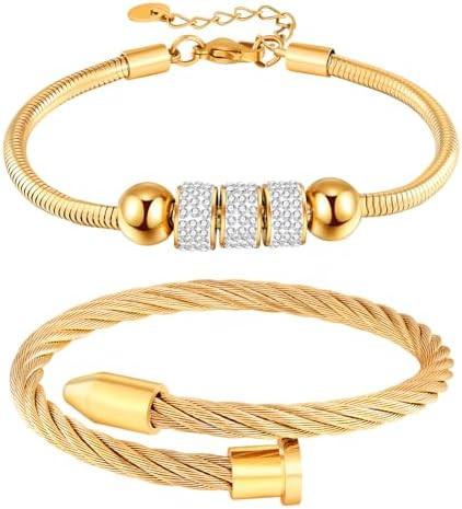 18K Gold Plated Nail Bracelet Set, Adjustable Stackable Bangles for Women, Trendy Jewelry Hand Ch... | Amazon (US)