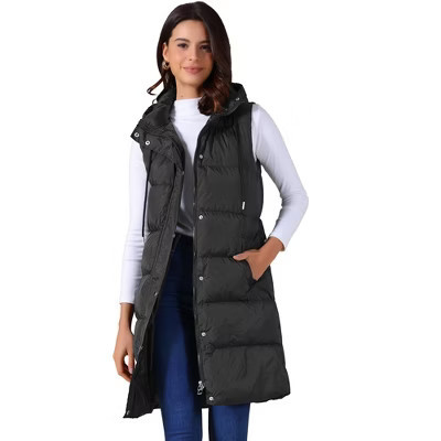 INSPIRE CHIC Women's Long Casual Sleeveless Zippered Hooded Down Puffer Vest Black Small | Target