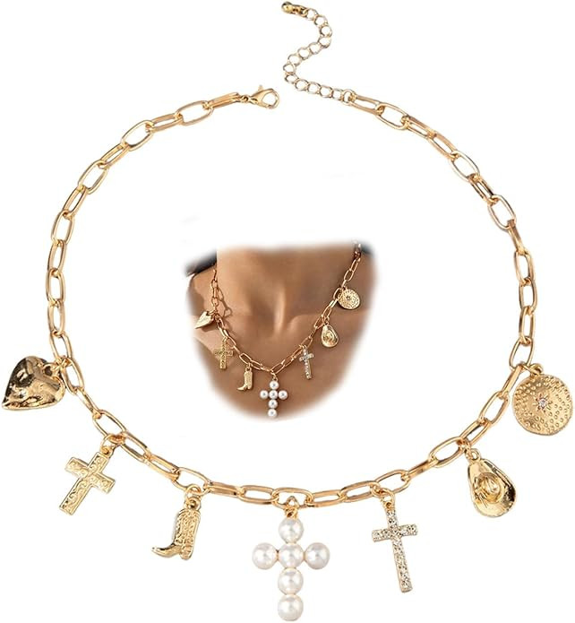Gold Chunky Pearl Cross Charm Necklace for Women,Trendy Boho Rhinestone Crucifix Paperclip Choker... | Amazon (US)