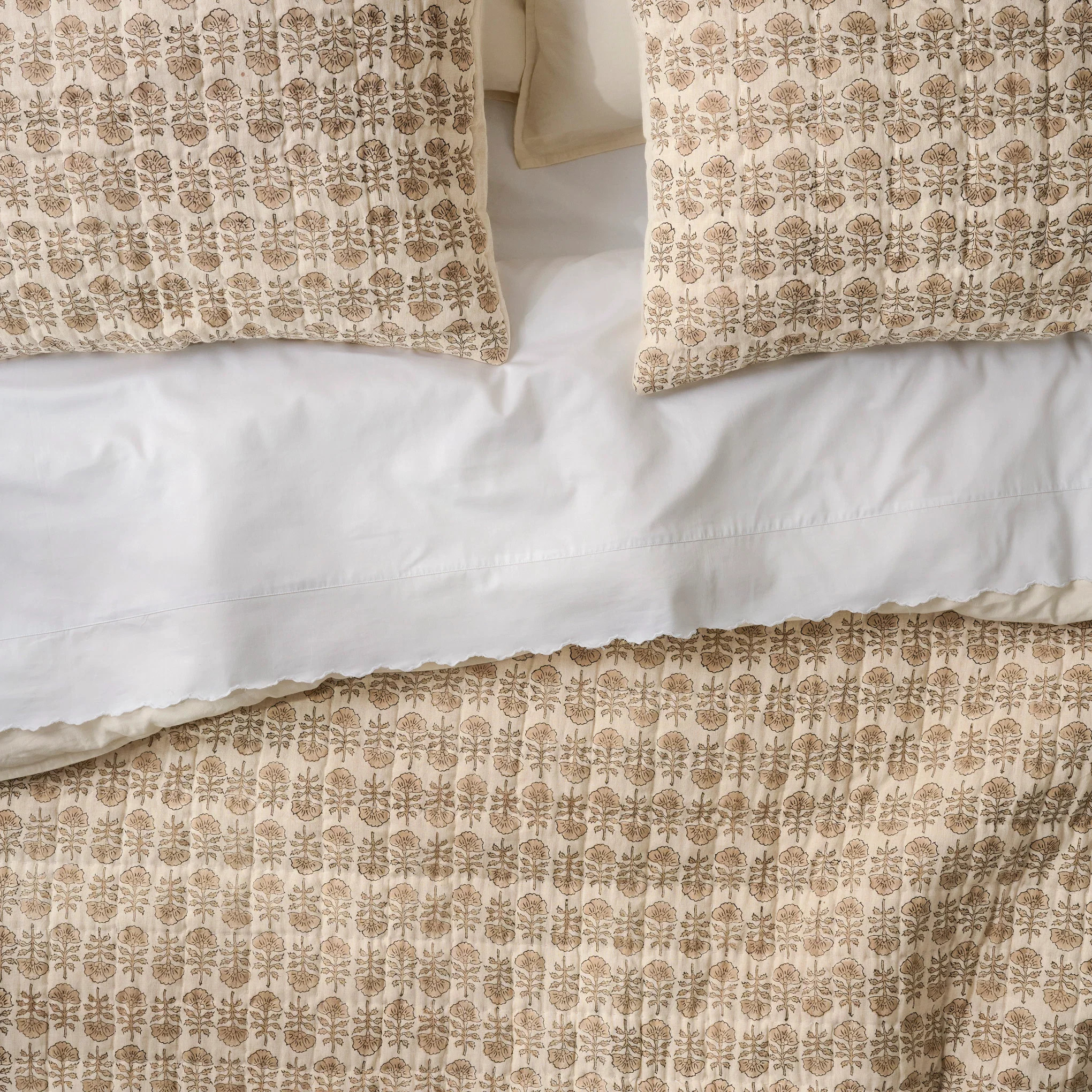 Natural Flora Block Print Quilt + Sham Set (Queen) | Magnolia