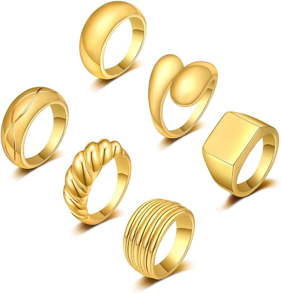 6PCS Thick Dome Chunky Rings for Women 18K Gold Plated Braided Twisted Signet Ring Big Croissant ... | Amazon (US)
