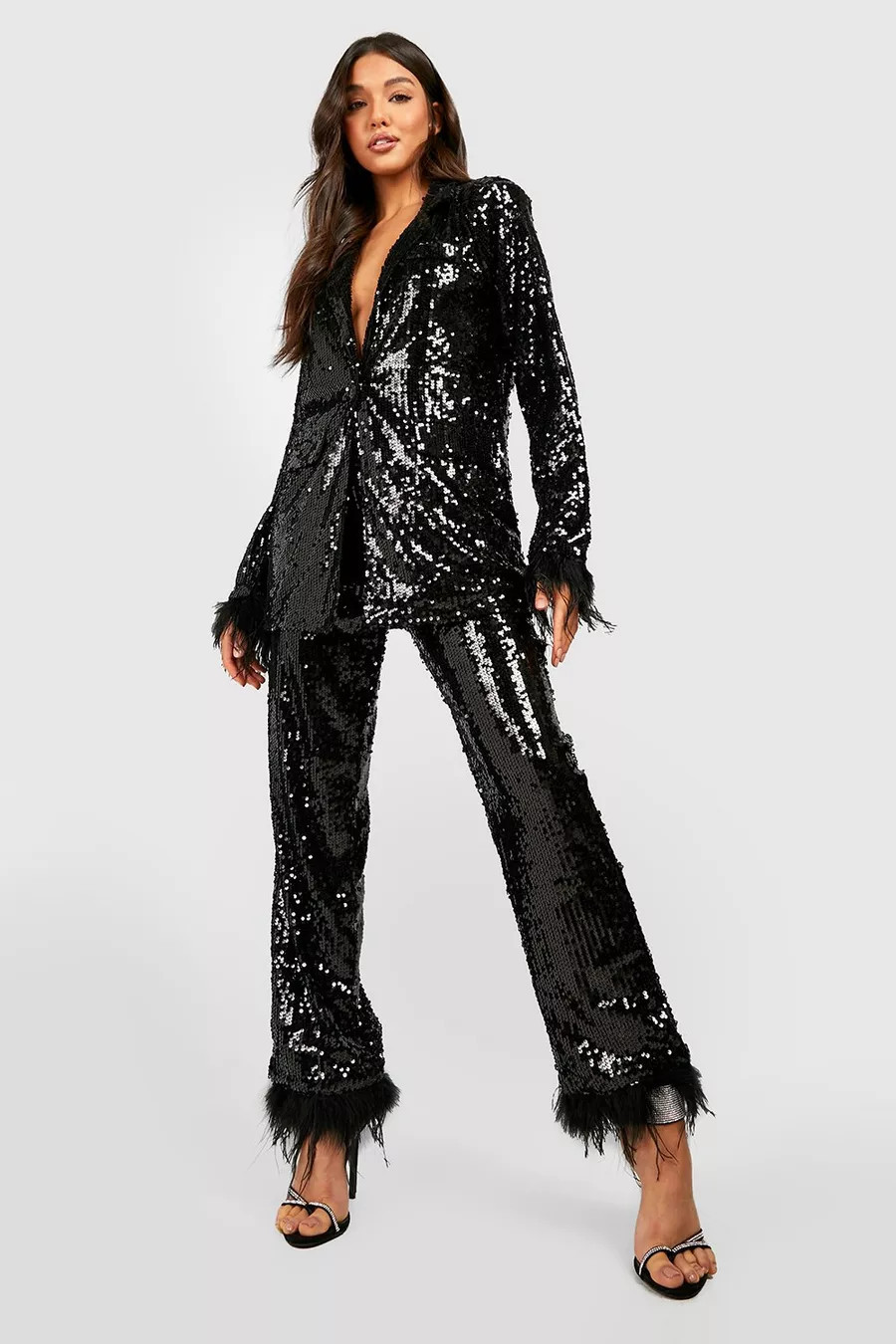 Sequin Feather Trim Tailored Blazer & Sequin Feather Trim Straight Leg Trousers | Boohoo.com (US & CA)