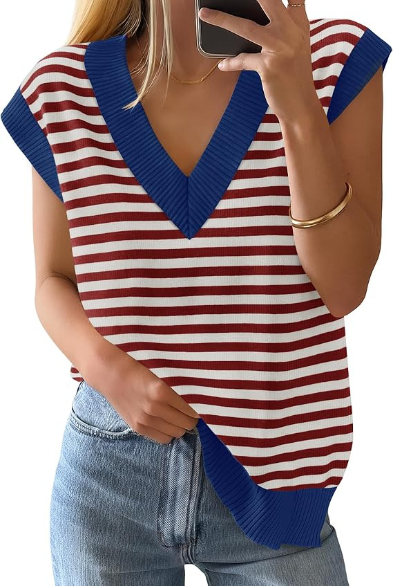 ZESICA Women's Floral V Neck Sweater Vest 2026 Summer Oversized Sleeveless Loose Knit Tank Tops C... | Amazon (US)