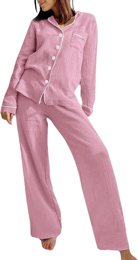 Womens Muslin Pajamas Set Cotton Gauze Pj Set Long Sleeve Button Down Sleepwear Soft Pj Lounge Se... | Amazon (US)