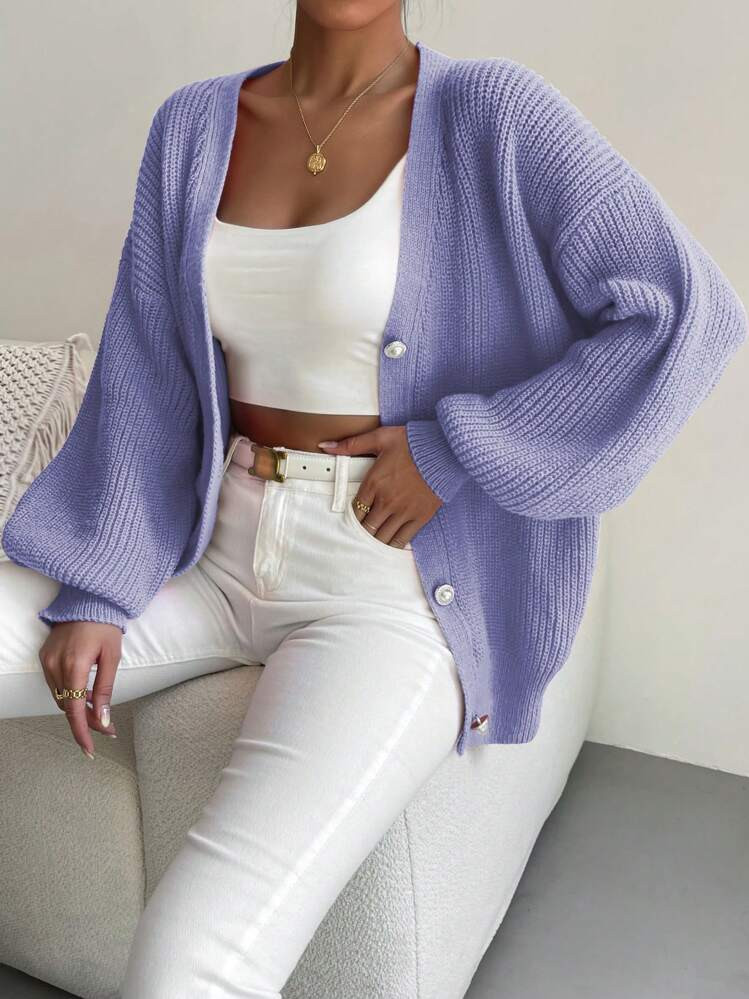 SHEIN Franclia Solid Color V-Neck Long Sleeve Button-Up Cardigan | SHEIN