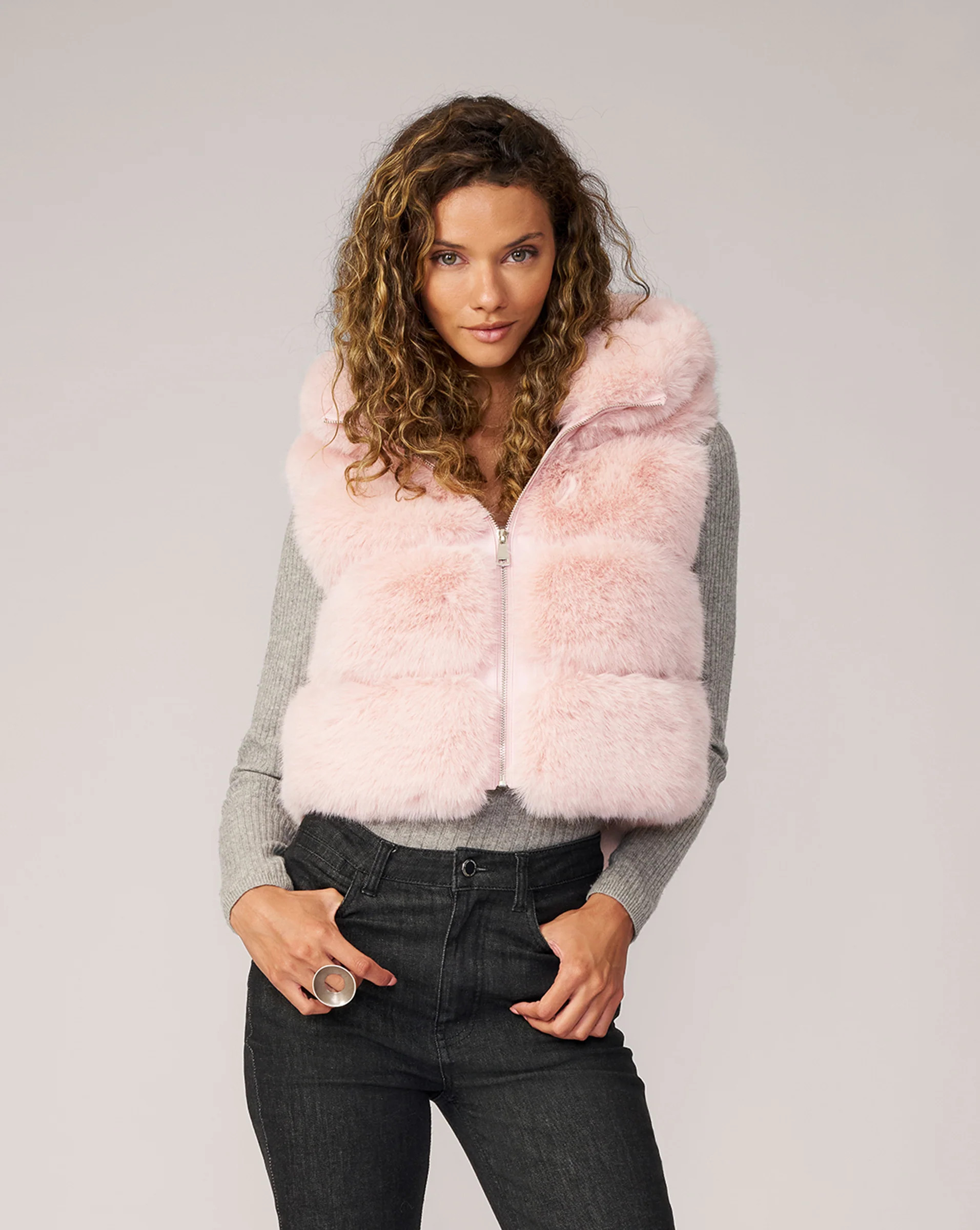Adrienne Landau Chalk Pink Faux Fox Fur Hooded Vest | Adrienne Landau
