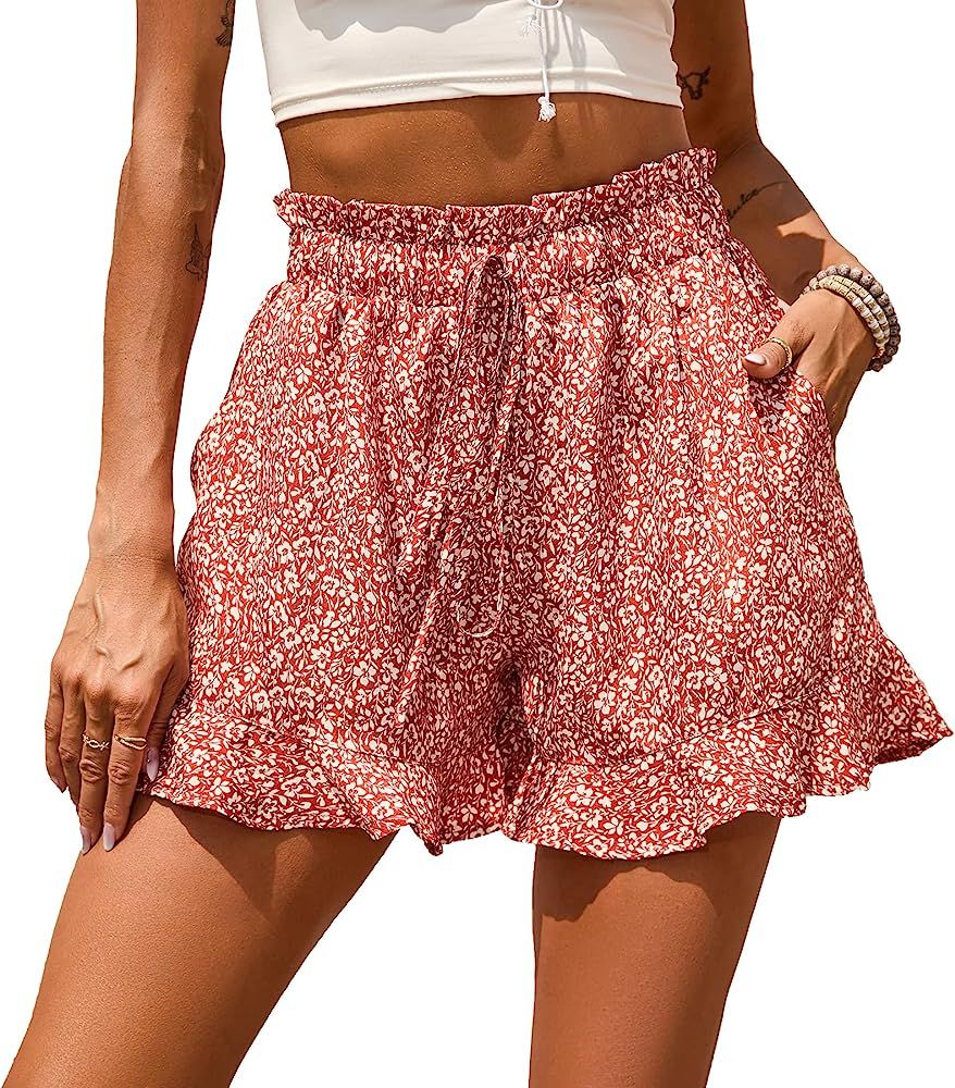 BTFBM Women's Casual Shorts Elastic High Waist Ruffle Hem Floral Print Comfy Summer Beach Short L... | Amazon (US)