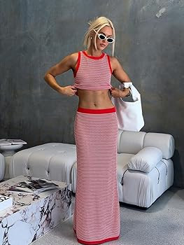 Amazon.com: ksotutm Womens Two Piece Sets Knit Summer Outfits Round Neck Tank Top Low Waist Maxi ... | Amazon (US)