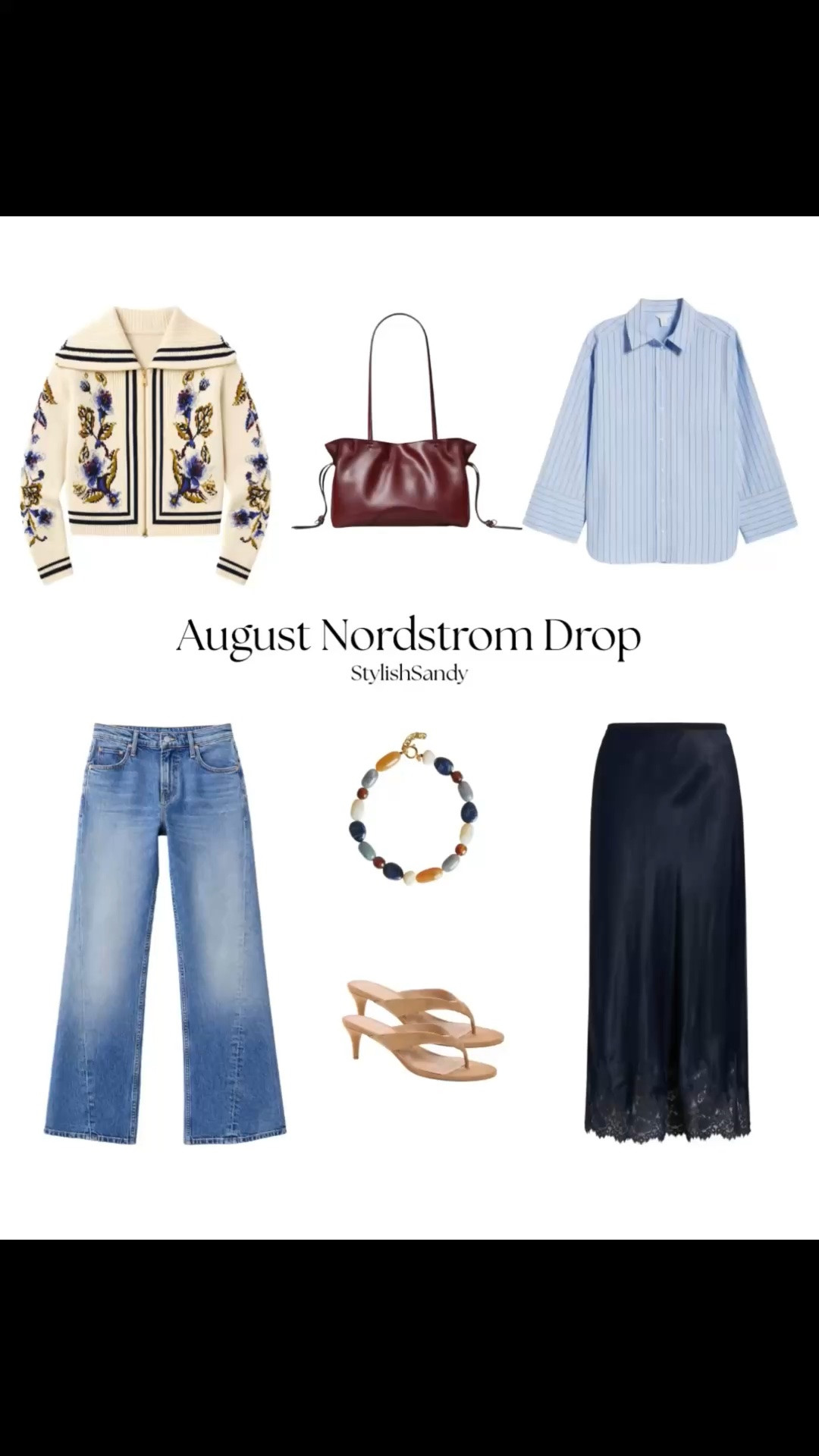 New month, new chapter. 
Introducing the StylishSandy August Drop — 6 pieces that work together, stand alone, and slide right into what's already in your closet. Classic, modern, made for everyday. 

1. Farm Rio — Floral embroidered zip cardigan in ecru. The statement piece: throw it over anything; it does the work.
2. Mother — Bookie Skimp jean. Fits TTS, runs in petite and regular. Wearing a regular 26 (hemming mine).
3.. Caslon — Button-up shirt in blue pinstripe. Oversized fit but TTS — size down for something trimmer.
4. Nordstrom — Lace trim skirt in navy. Cut on the bias, fits TTS. So cute I grabbed it in brown too. 
5. Sam Edelman — Amie flip-flop sandal. Fits TTS.
6. Tory Burch — Bag in burgundy. Your day-to-evening piece.
Bonus: Sezane bead necklace (a favorite brand)

I hope you love it! 

#stylishsandydrop
#stylishsandy

#LTKSeasonal #LTKOver40 #LTKPetite