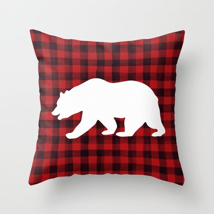 Red Plaid Bear Throw Pillow | Society6