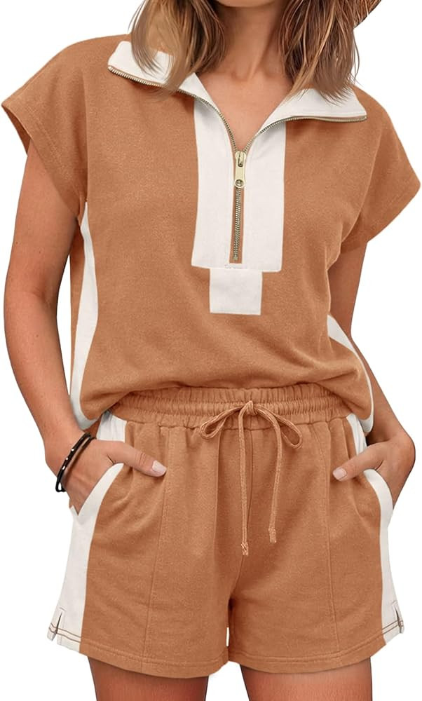 Cicy Bell Womens 2 Piece Outfits Summer Half Zip V Neck Cap Sleeve Tops Matching Sets Color Block... | Amazon (US)