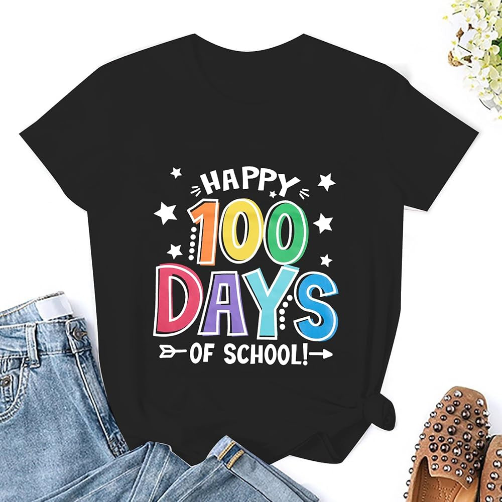 100 Days of School Shirt Women: Happy 100th Day School T-Shirt Funny Teacher Student Tee Tops Sho... | Amazon (US)