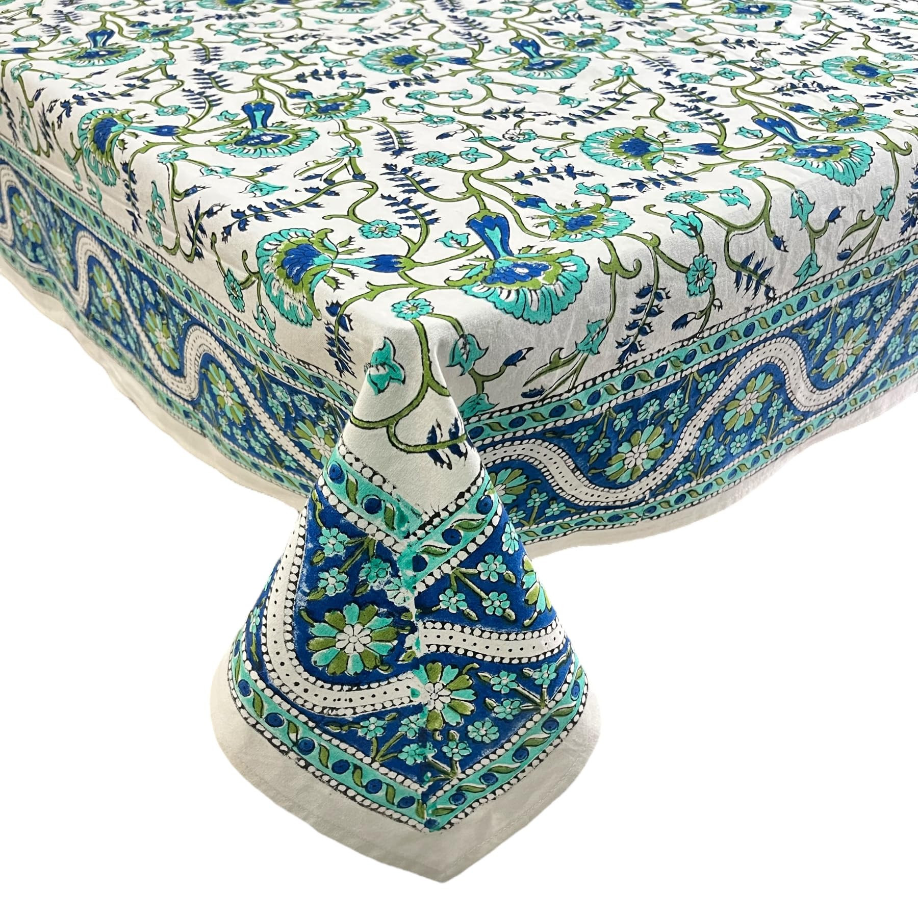 India Arts Hand Block Print Tablecloth 72x72 Square, 100% Cotton Blue Green White Floral Table Cl... | Amazon (US)