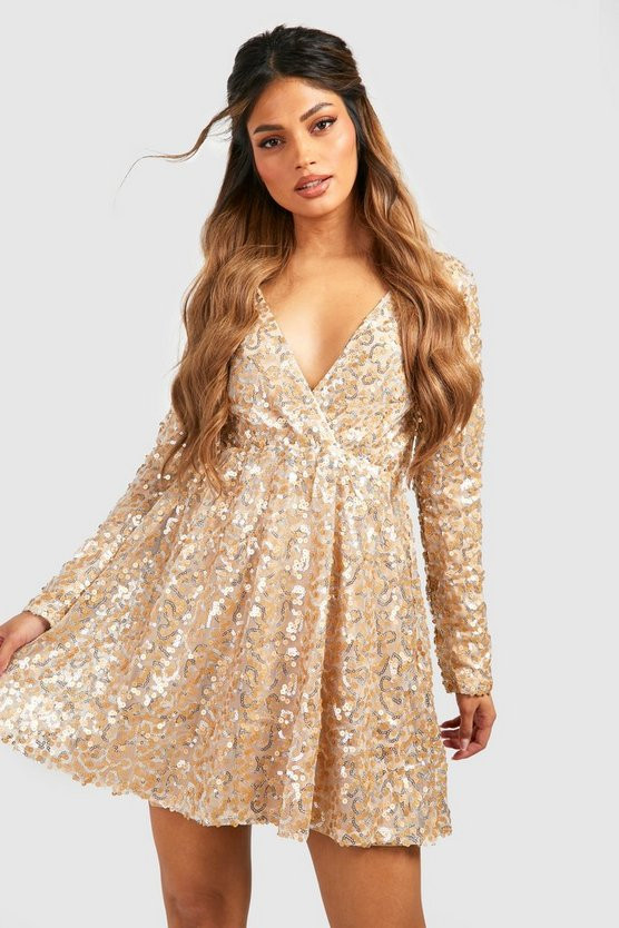 Boutique Sequin Wrap Skater Dress | Boohoo.com (US & CA)