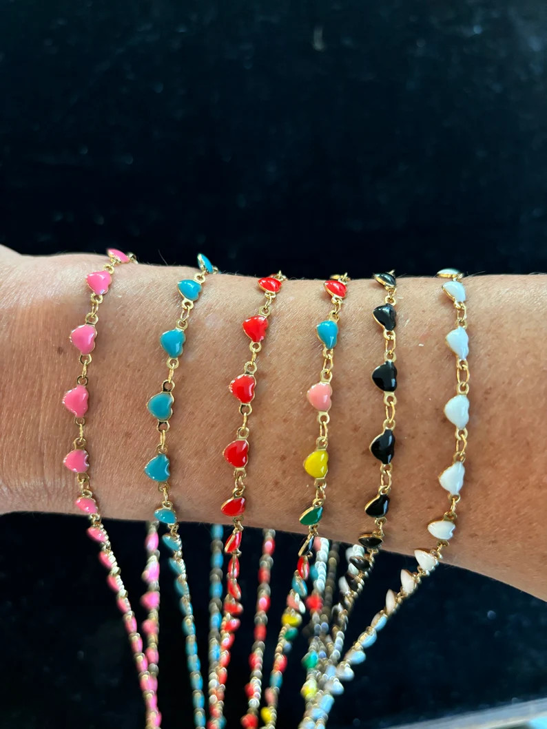 18k Gold Enamel Heart Chains Black White Pink Red Blue Multi Color - Wholesale Bulk Chain Permane... | Etsy (US)