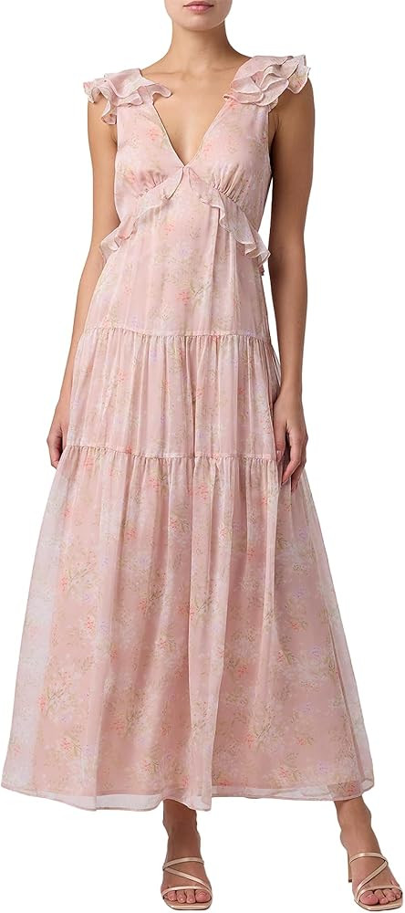 Lulus Milo Floral Ruffle Sleeve Open Back Maxi Dress \u2013 Wedding Guest Dress for Women | Amazon (US)