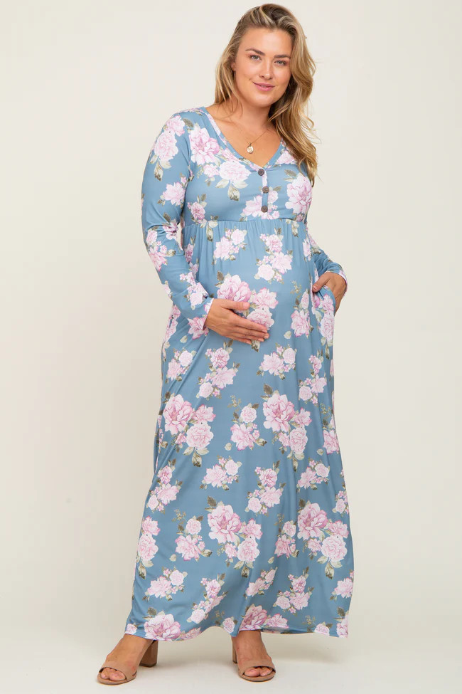 Blue Floral Button Front Maternity Plus Maxi Dress | PinkBlush Maternity
