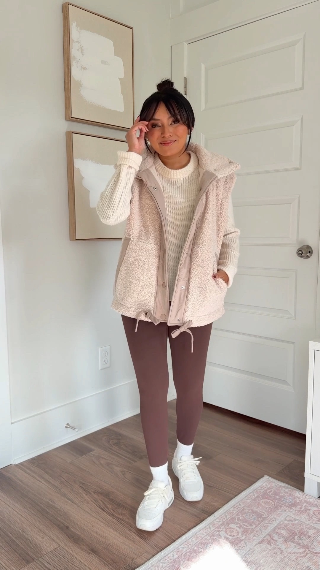 Tan taupe vest size xs TTS
Ivory sweater size xs TTS
Brown burgundy leggings size small TTS
Sneakers size 6.5 TTS 


#LTKActive #LTKPetite #LTKSaleAlert