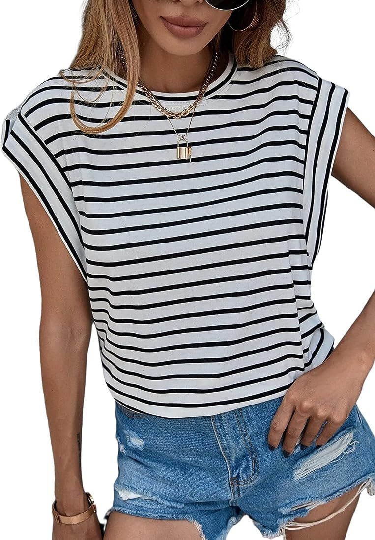 Floerns Women's Casual Stripe Print Short Sleeve T Shirts Round Neck Tee Black White M | Amazon (US)