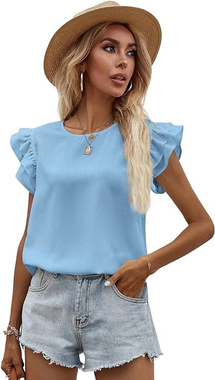 Milumia Women's Ruffle Short Sleeve Round Neck Blouse Work Casual Solid Shirt Top | Amazon (US)