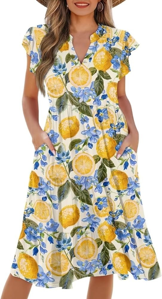 Womens Summer Dress Ruffle Sleeve V Neck Dress Casual Fit Flowy Beach Vacation Sundress with Pock... | Amazon (US)
