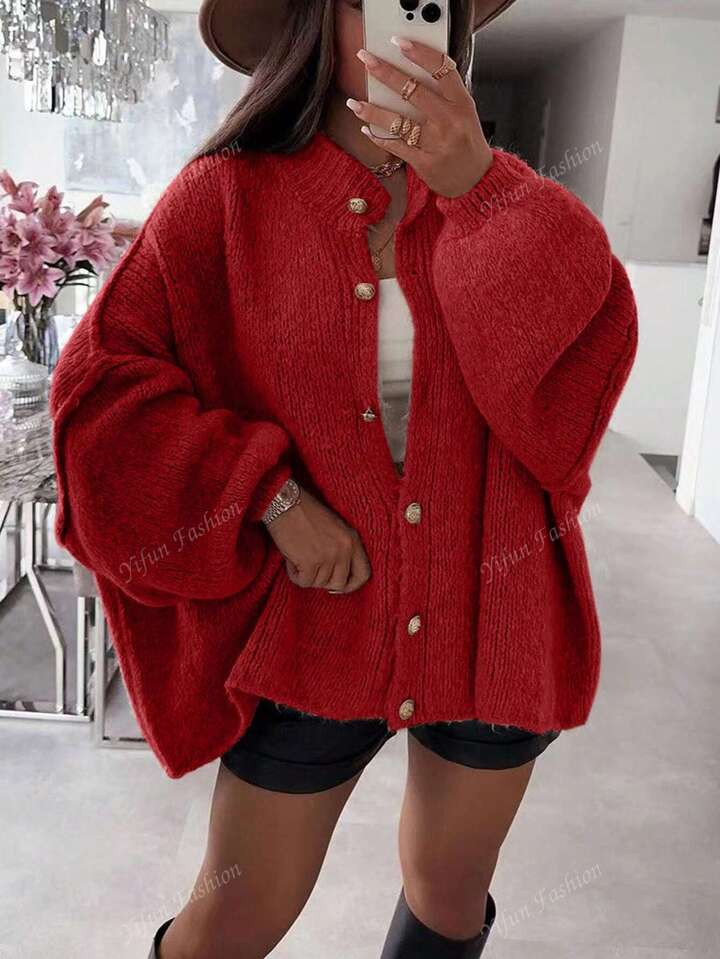 New Fashion Casual Loose Metal Button Long Sleeve Cardigan Sweater Coat, Suitable For Autumn, Ear... | SHEIN