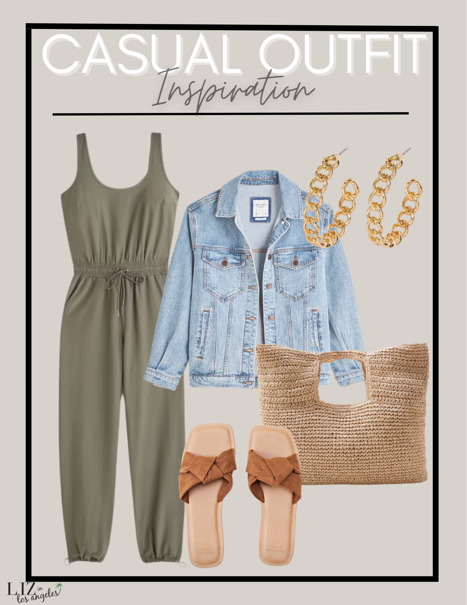 This casual outfit is the perfect look for running errands or chasing kids.  This green jumpsuit paired with a jean jacket and slides is the perfect spring outfit for any occasion 

#LTKstyletip #LTKFind #LTKSeasonal