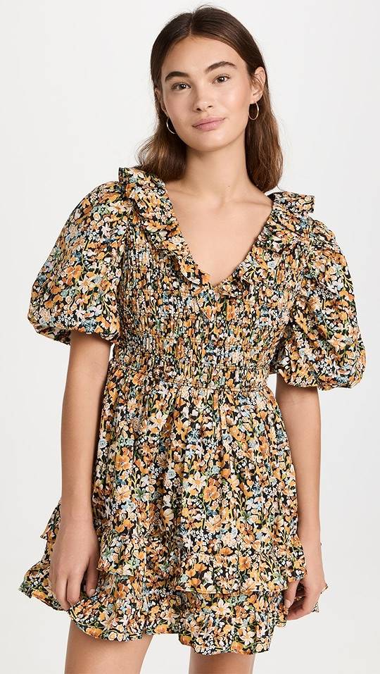 Plunge V Smocked Cotton Floral Mini Dress | Shopbop