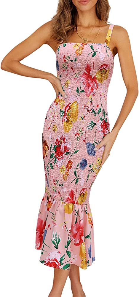 PRETTYGARDEN Women's Summer Floral Midi Tank Dress Sleeveless Strappy Ruffle Hem Smocked Bodycon ... | Amazon (US)