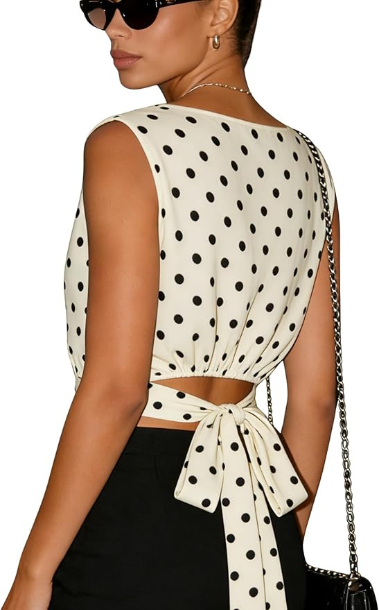Omoone Women's Polka Dot Sleeveless Boat Neck Crop Top Tie Back Bow Blouse Summer Casual Shirt | Amazon (US)