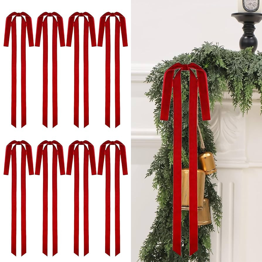 Senjie 8Pcs Large Velvet Bows for Christmas Tree, Vintage Rustic Ribbon Swag Bows Ornaments for S... | Amazon (US)