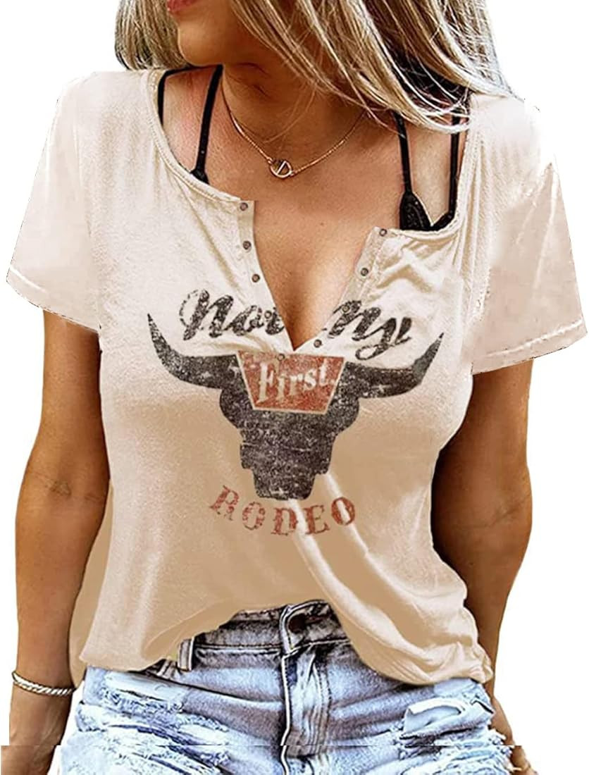 Vintage Steer Skull Western T-Shirt Women Wallen Country Tops Cute Cowgirl Graphic Cowboy Tees | Amazon (US)
