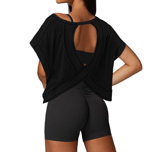 UNIANKIYA Open Back Workout Tops for Women Loose Fit Athletic Crop Tee Short Sleeve Gym Running Y... | Amazon (US)