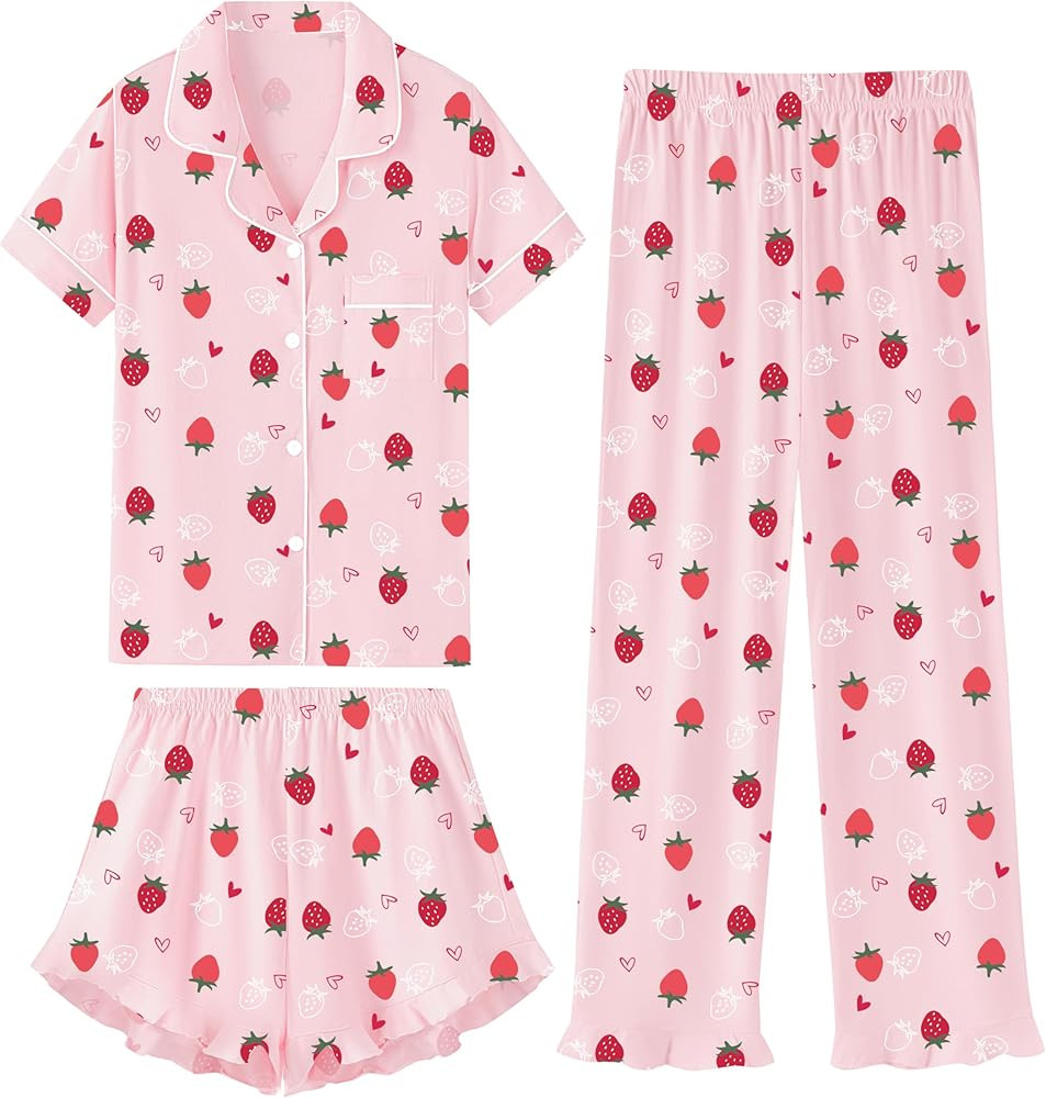 QZH.DUAO 3 Piece Girls Pajama Sets 100% Cotton Ruffle Long Pants with Shorts Sleepwear 3pcs Butto... | Amazon (US)