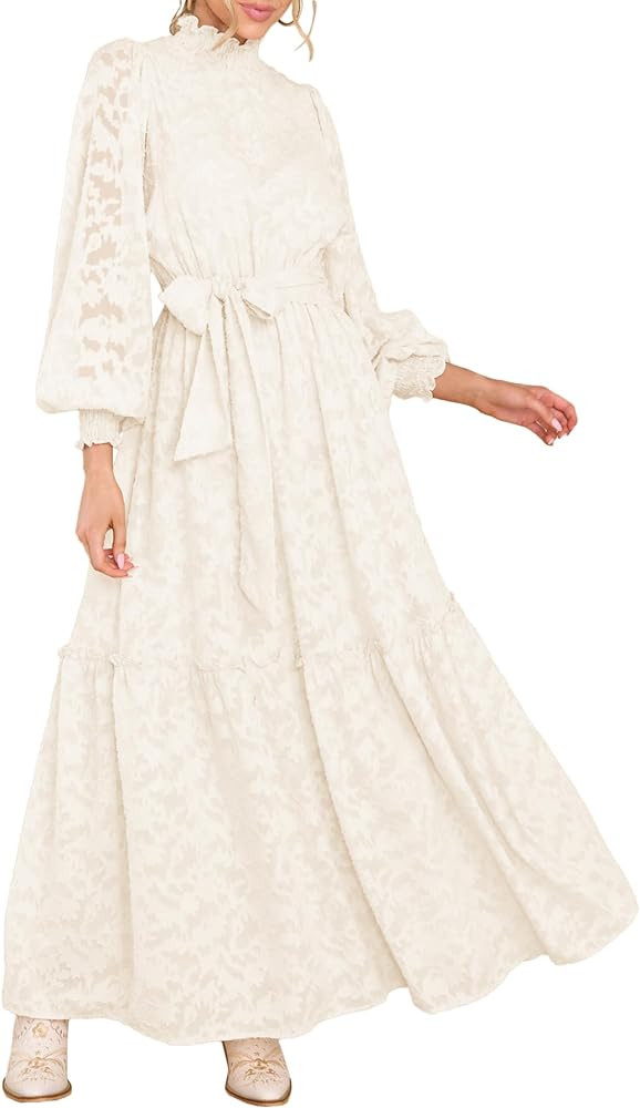 MITILLY Women's Fall Dresses Elegant Floral High Neck Long Sleeve Elastic Waist Formal Maxi Dress... | Amazon (US)