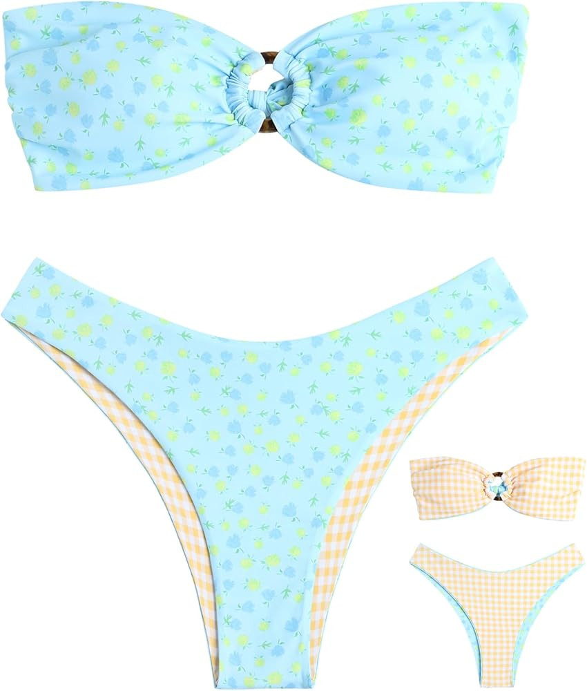ZAFUL Women's Bandeau Bikini O Ring Strapless Tie Back High Cut Two Piece Swimsuit Bathing Suits | Amazon (US)