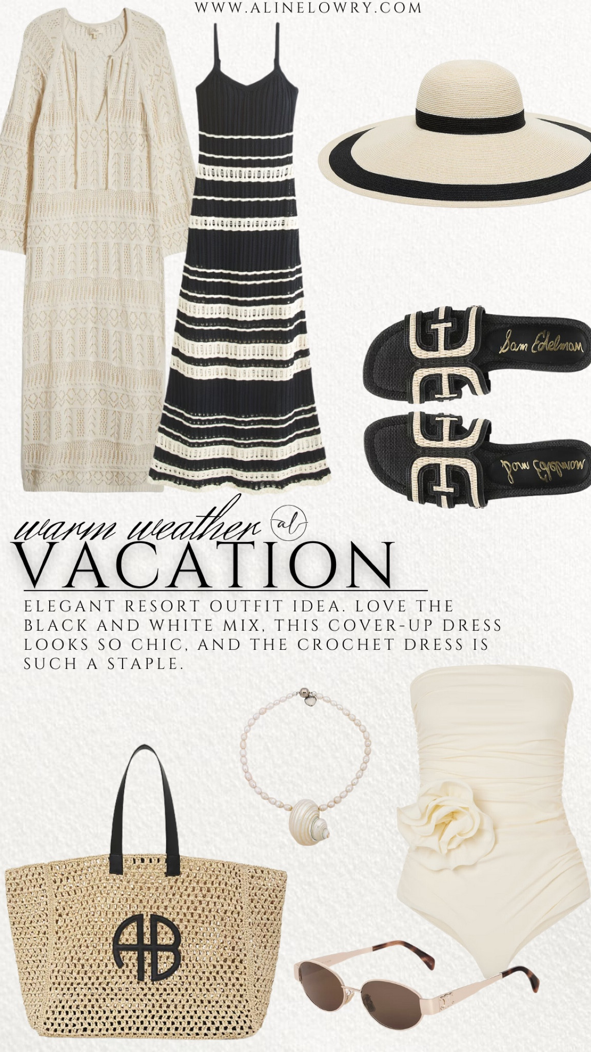ELEGANT RESORT OUTFIT IDEA. LOVE THE BLACK AND WHITE MIX, THIS COVER -UP DRESS LOOKS SO CHIC, AND THE CROCHET DRESS IS SUCH A STAPLE.

Beach outfit, vacation outfit 