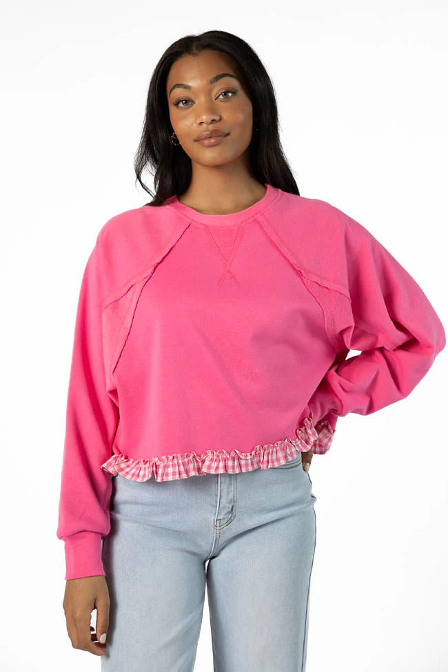 Away We Go Cropped Pink Gingham Ruffle Hem Crew Neck Sweatshirt | Pink Lily