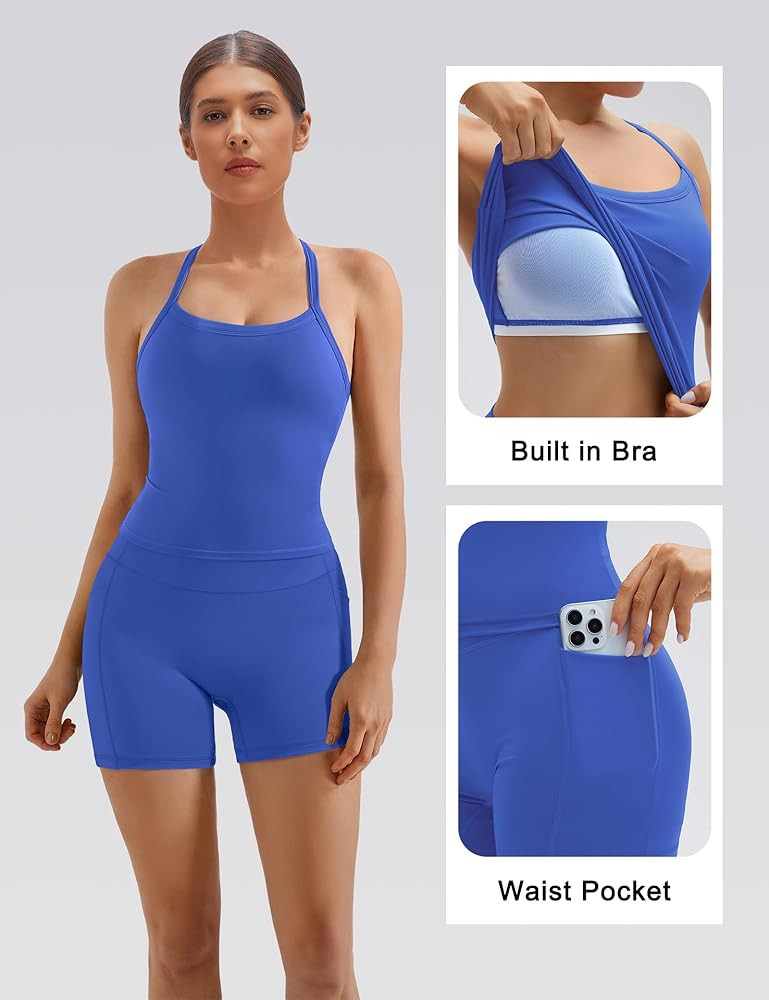 SUUKSESS Women 2 Piece Workout Sets High Waisted Biker Shorts with Pockets Built in bra Racerback... | Amazon (US)