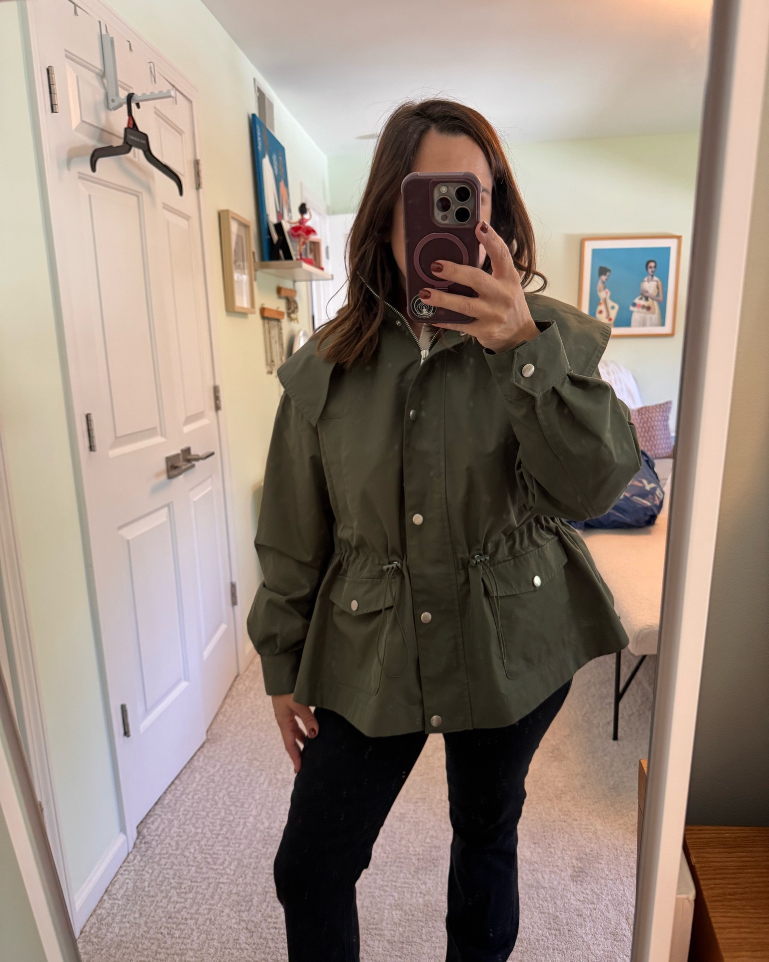 Cinched waist fall jacket fits large, wearing size medium with sweater underneath and I could have sized down.

It feels very high quality and perfect for cooler weather.

#LTKootd #LTKOver40 #LTKMidsize