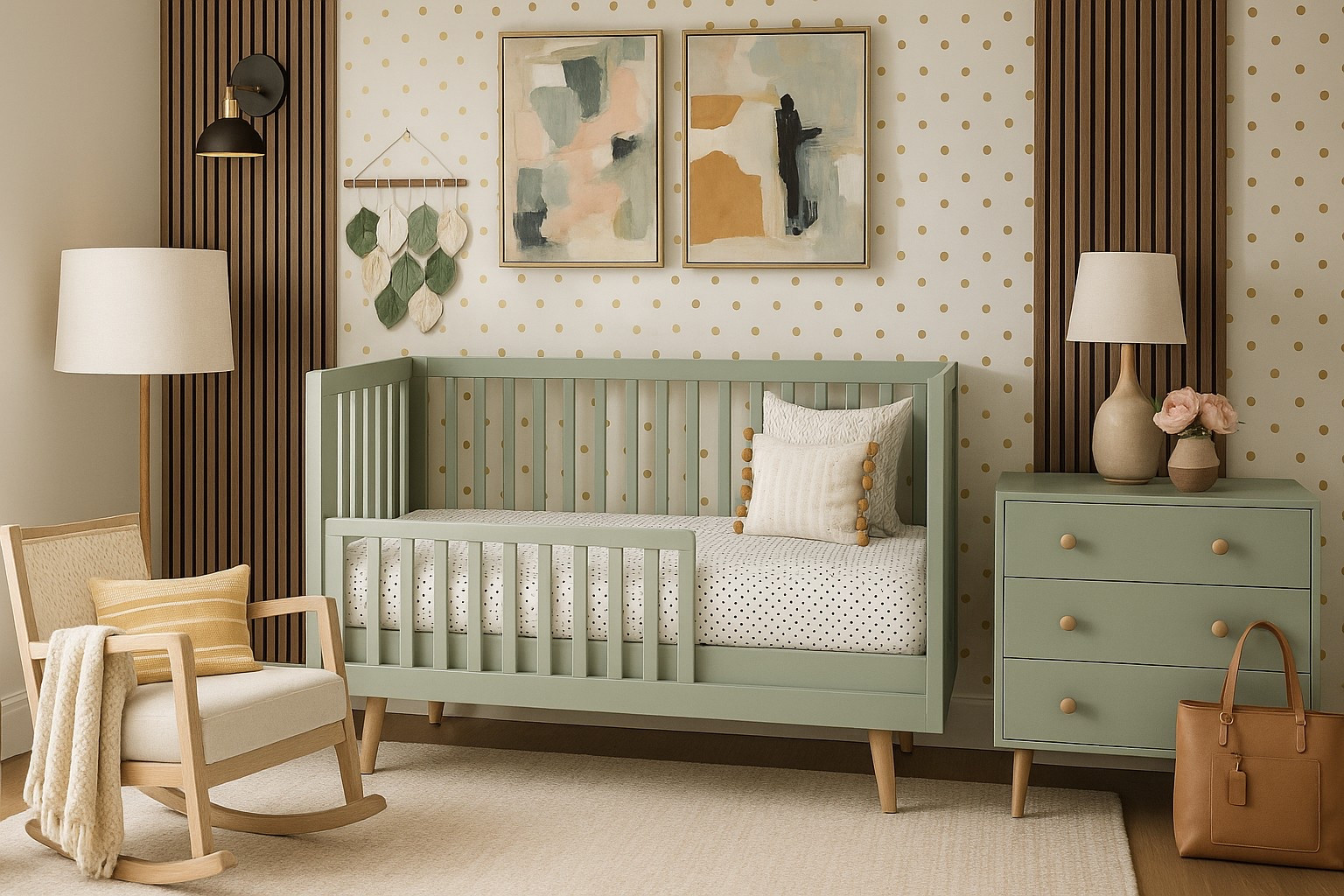 Soft, modern, and full of charm—this nursery blends soothing sage green tones with warm wood textures and playful gold polka dots. Perfect for a calm, cozy space that grows with your little one. Save this look for nursery inspiration that’s both stylish and serene!

#LTKBaby #LTKKids #LTKBump