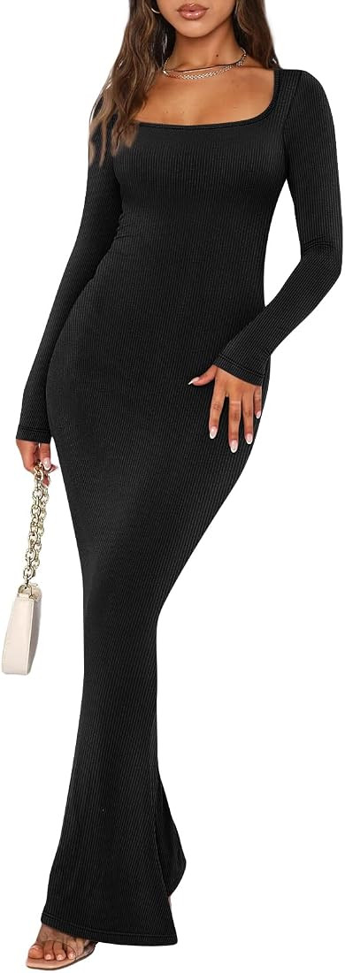 Women's Bodycon Maxi Dress Square Neck Casual Ribbed Slim Fit Lounge Dress | Amazon (US)