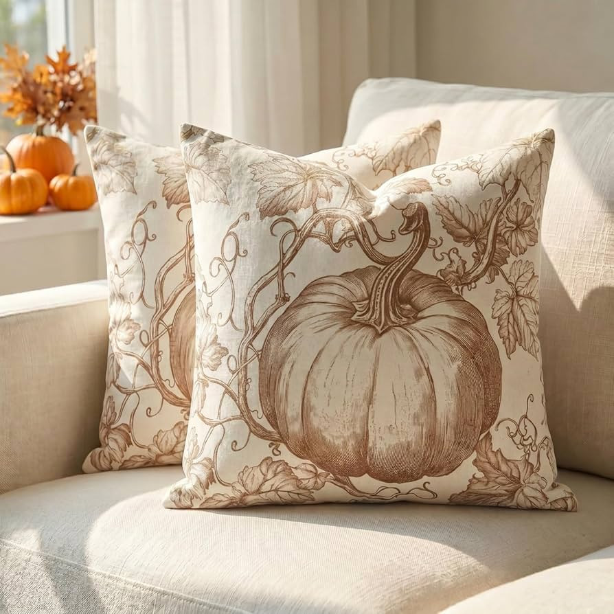 GEEORY Fall Rustic Brown Toile de Jouy Pumpkin Throw Pillow Covers 18x18 Set of 2, Vintage Autumn... | Amazon (US)