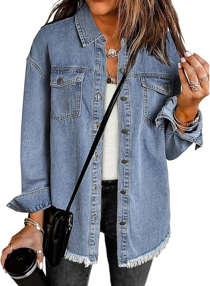 luvamia Denim Jacket for Women Oversized Button Down Casual Jean Shacket Jackets Long Sleeve Fray... | Amazon (US)
